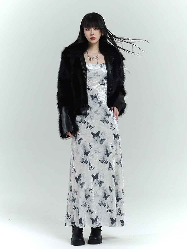 White Velvet Butterfly Print Slim-fitting Dress