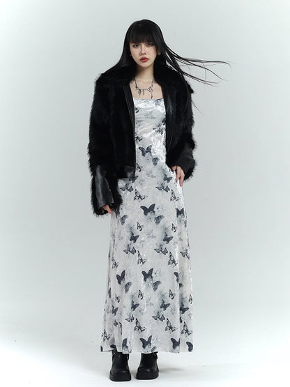 White Velvet Butterfly Print Slim-fitting Dress