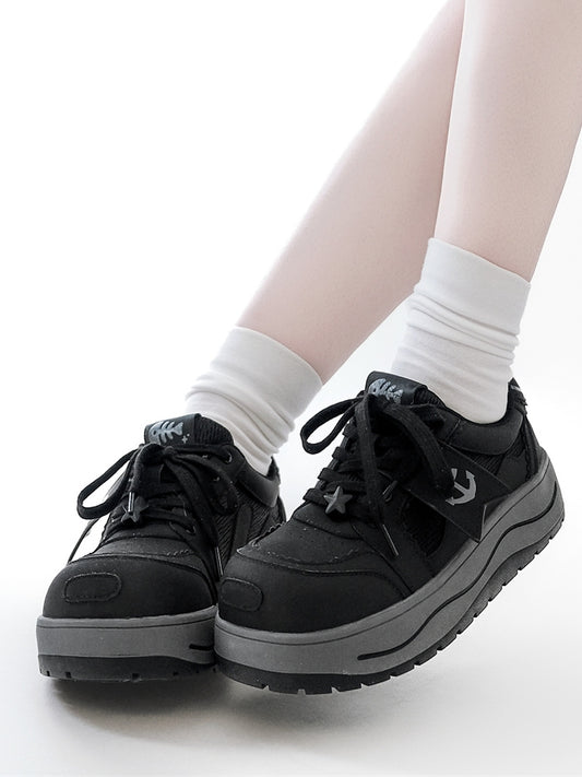 Black Anchor And Fish Bone Decorated Front Lace-up Ties Platform Sneakers