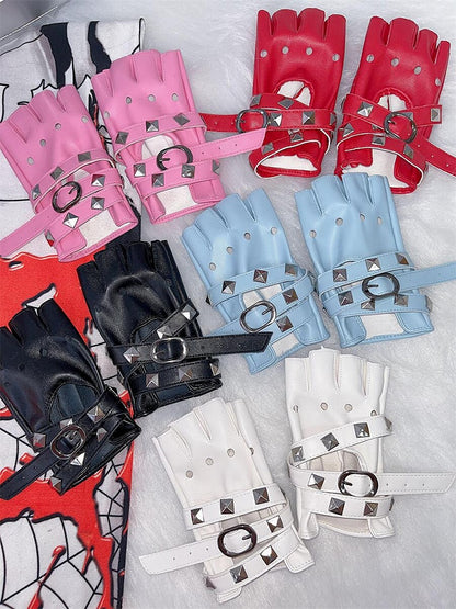 Punk Studs Crisscross Straps PU Half Finger Gloves 5 Color Options