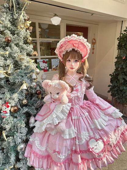 Clearance-Size M for Bust 88-103CM Pink Gorgeous Old School Princess Lolita Cotton Dress+ Sleeves