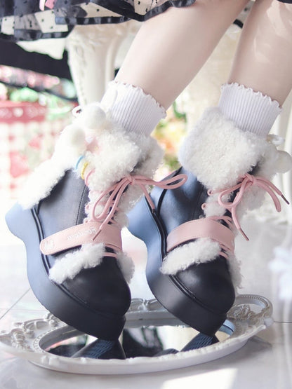 Thick Sole with Plush Rabbit Decor & Dual Closure System Black Snow Boots in Sweet Lolita