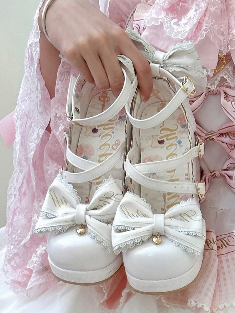 White Crisscross Design Heart Buckles Detachable Bow at Top High Block Heels
