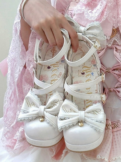 White Crisscross Design Heart Buckles Detachable Bow at Top High Block Heels