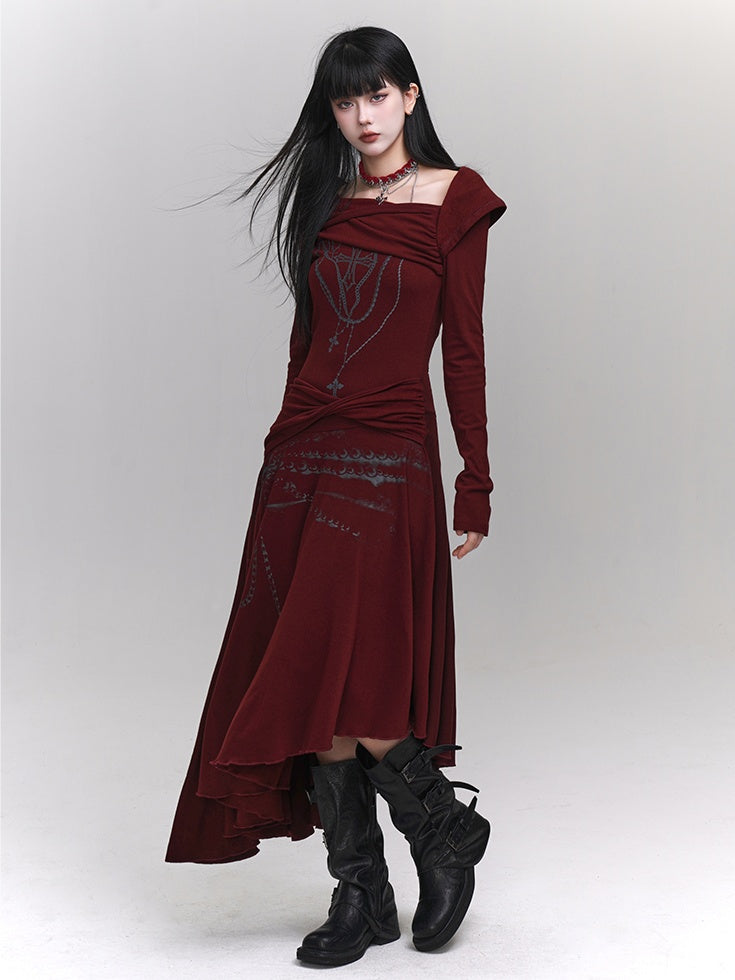 Wine Red Asymmetrical Neckline and Hem Twist Detail Cross Print Dress