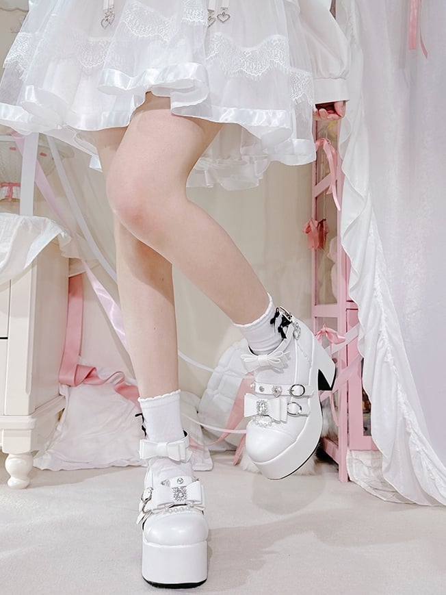 Matte White Jirai Kei Beaded Charm Rhinestone Decorated Bowknot Details Platform High Block Heels