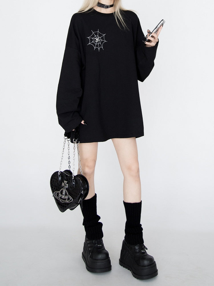 Spiderweb Embroidered Black Sweatshirt with Detachable Metal Spider