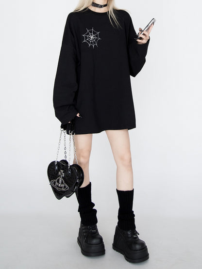 Spiderweb Embroidered Black Sweatshirt with Detachable Metal Spider