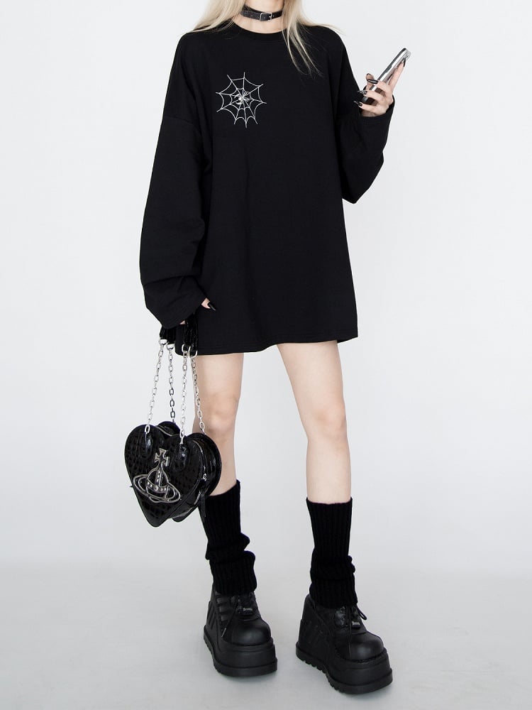 Spiderweb Embroidered Black Sweatshirt with Detachable Metal Spider