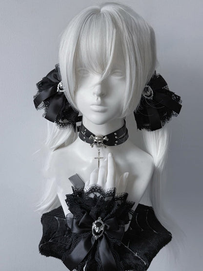 Jirai Kei Black Bowknot Bat Accent Black Lace Wrist Cuffs