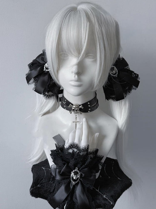 Jirai Kei Black Bowknot Bat Accent Black Lace Wrist Cuffs