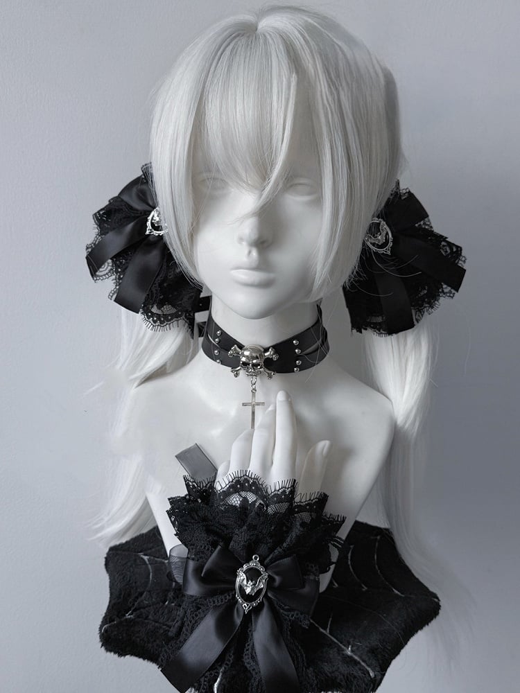 Jirai Kei Black Bowknot Bat Accent Black Lace Hairclips