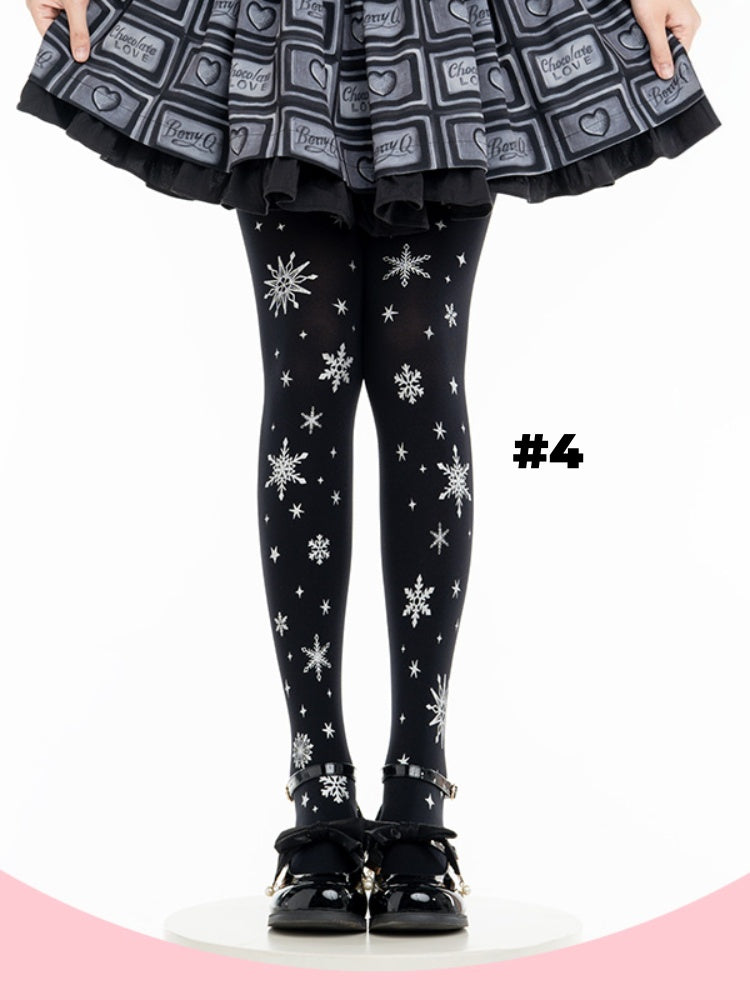 4 Options White/Black Snowflake Print Lolita Tights