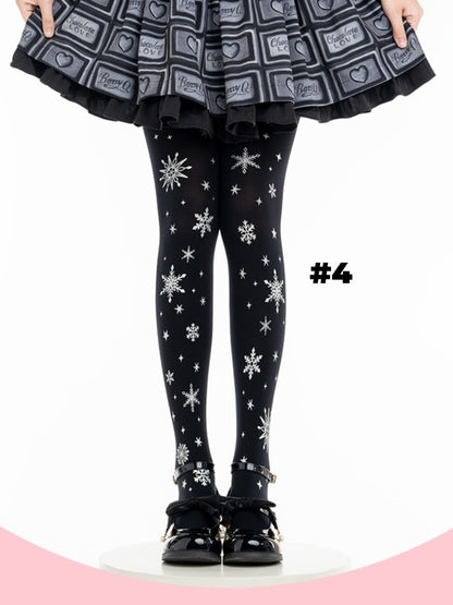 4 Options White/Black Snowflake Print Lolita Tights