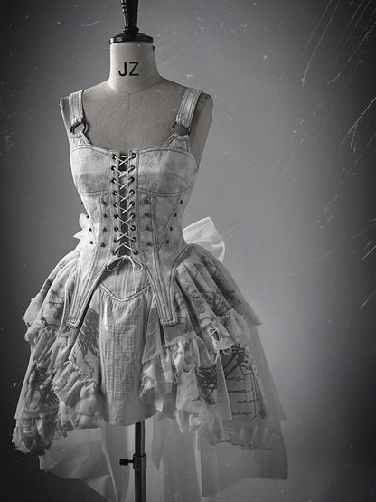 Grey Punk Corset Bodice Dress with Detachable Tulle Train