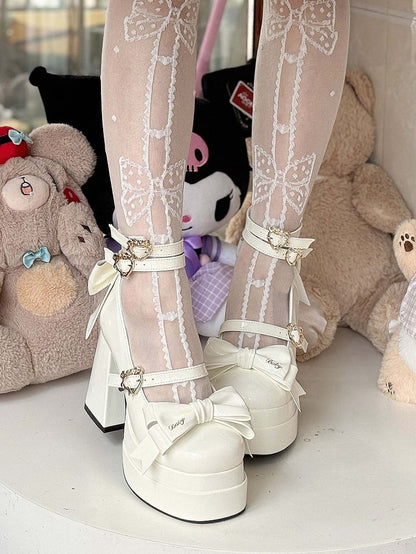 White Bow Accents High Block Heel Platform High Heels