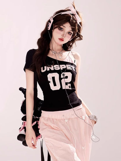 Black Asymmetrical Neckline Number Print Faux Two-pieces T-Shirt