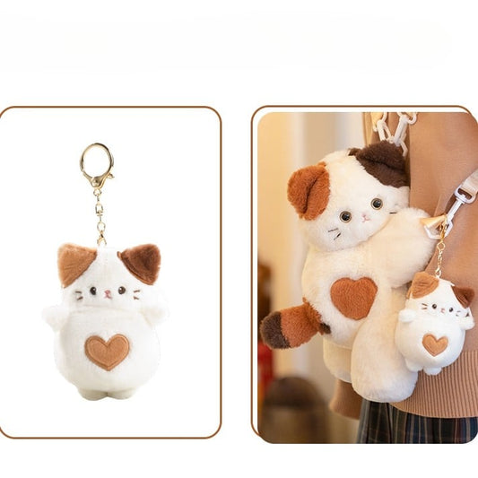 White Cute Kitty Heart Plush Backpack/Crossbody Bag + 3 Options Keychian Small/Middle/Large Size