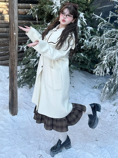 Plus Size Milk White Sailor Collar Heart Buttons Woolen Coat