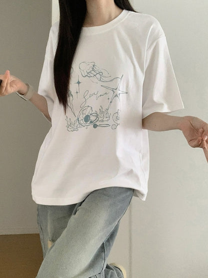 Seashell and Jellyfish Print White Round Neck T-shirt Regular/Short Version