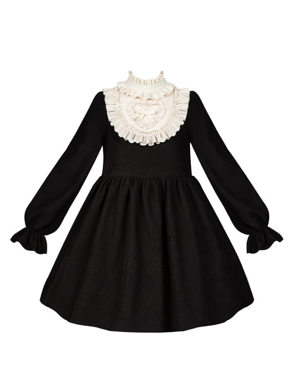 Clearance-Size S for Bust 88CM Beige Ruffle Neckline Black High Waist Long Balloon Sleeves Lolita Dress Short Version