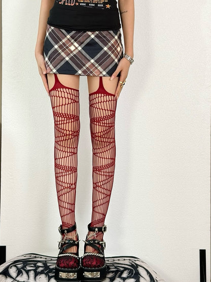 Black/White/Brown/Gray/Red Y2K Cut-out Design Suspender Stockings