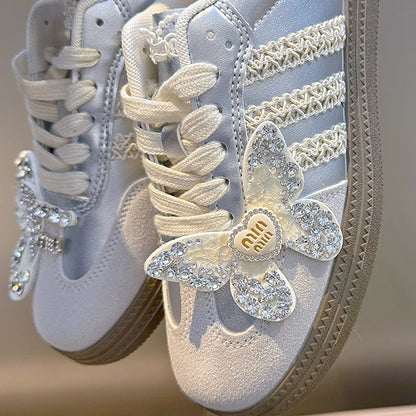 Beads and Rhinestones Detail Silver Butterfly Decorated Sneakers