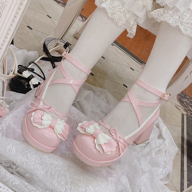 Bow Accents Crisscross Ankle Strap Pink Round Toe Sweet Mary Janes