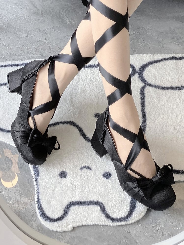 Black Elegant Bow at Top Mary Janes With Dual Detachable Buckle Ankle Straps