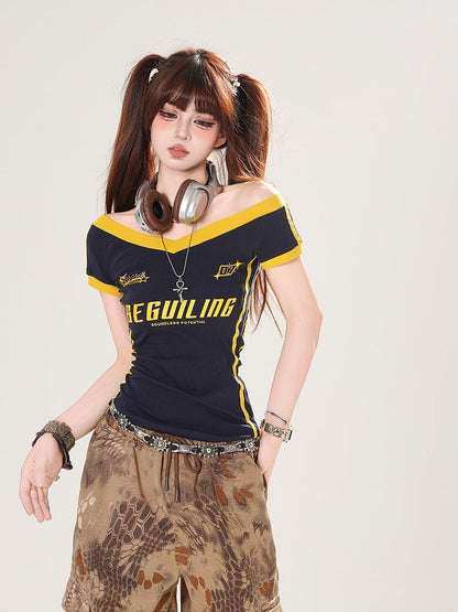 Navy Blue/Army Green Off-the-shoulder Neckline Letter Print T-shirt