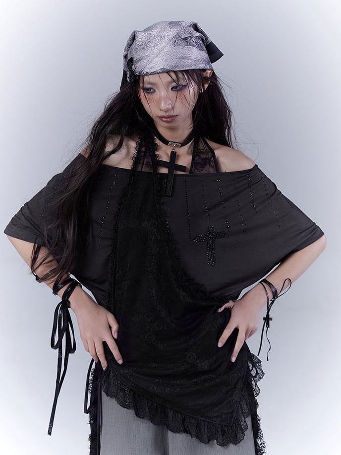 Black Cross Rhinestone Curved Hem Halter Neck T-shirt