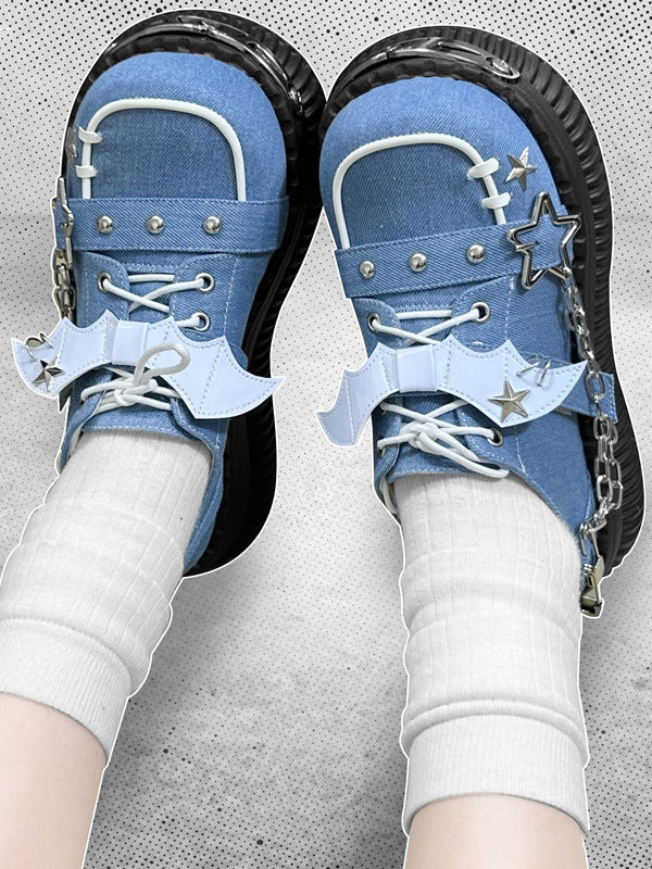 Star-shaped Studs and Chains Gothic Blue Bat Wings Platforms Punk Shoes