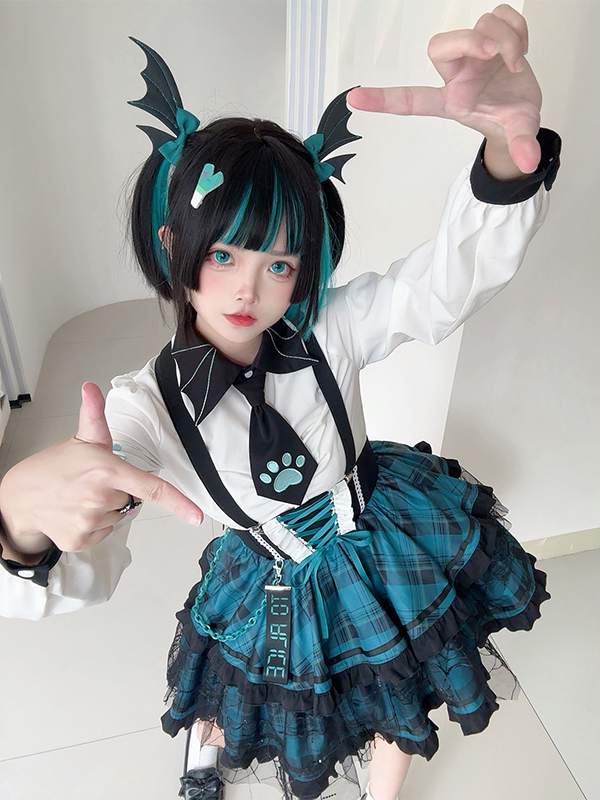 Lace-up Detail Black and Green Plaid Punk Lolita Corset Waist Overall Dress