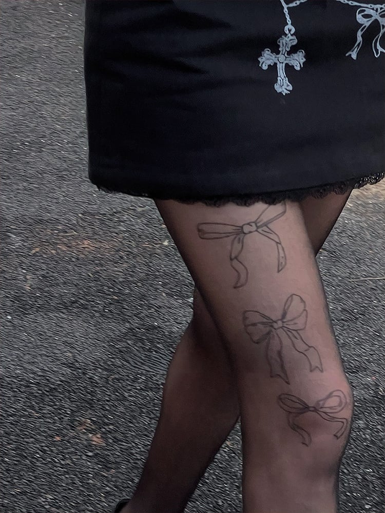 Black/Nude Semi-sheer Bowknot Print Pantyhose