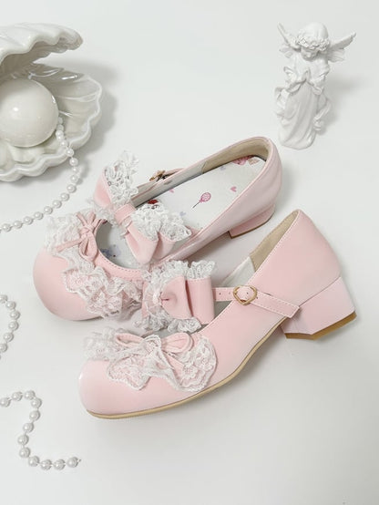 Pink Bowknot Details Lace Trim Round Toe Lolita Shoes