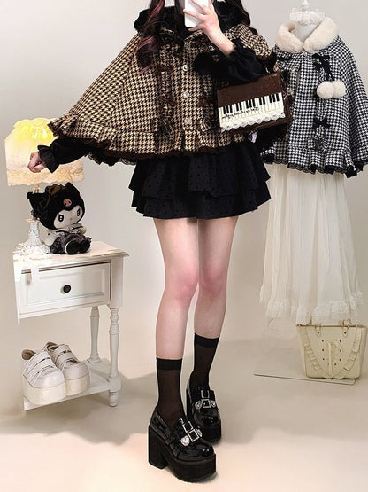 Jirai Kei Houndstooth Fleece-Lined Hooded Cape with Heart Buttons, Bow & Pompom | 3 Colors