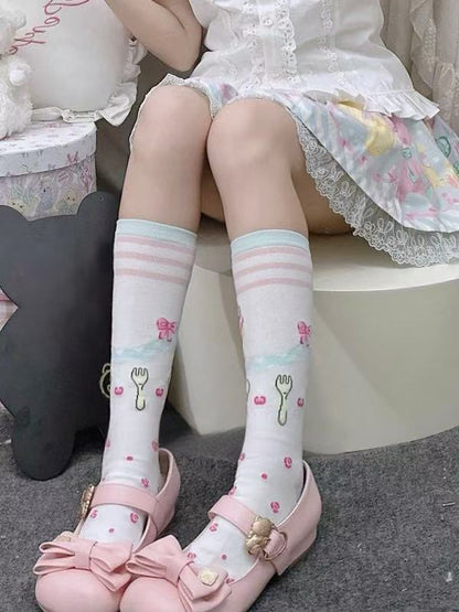 White Underknee Stockins With Beige Fork and Pink Cake Pattern