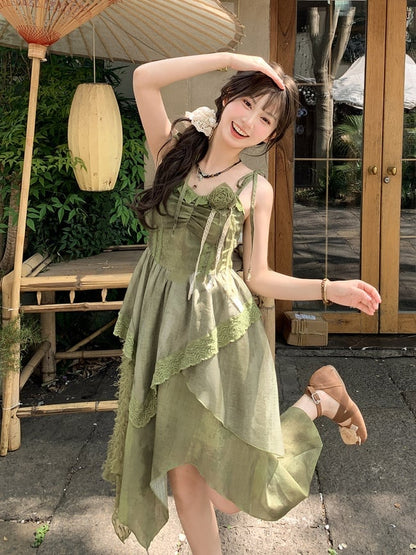 Green Handkerchief Hem Mori Kei Cami Dress with Self-tie Shoulder Straps