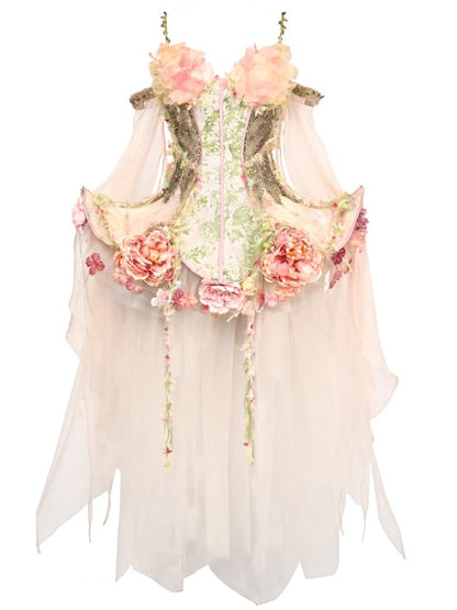Forest Fairy Goth Pink and Green Boned Corset + Tulle Overlay + Floral Petticoat + Sleeves