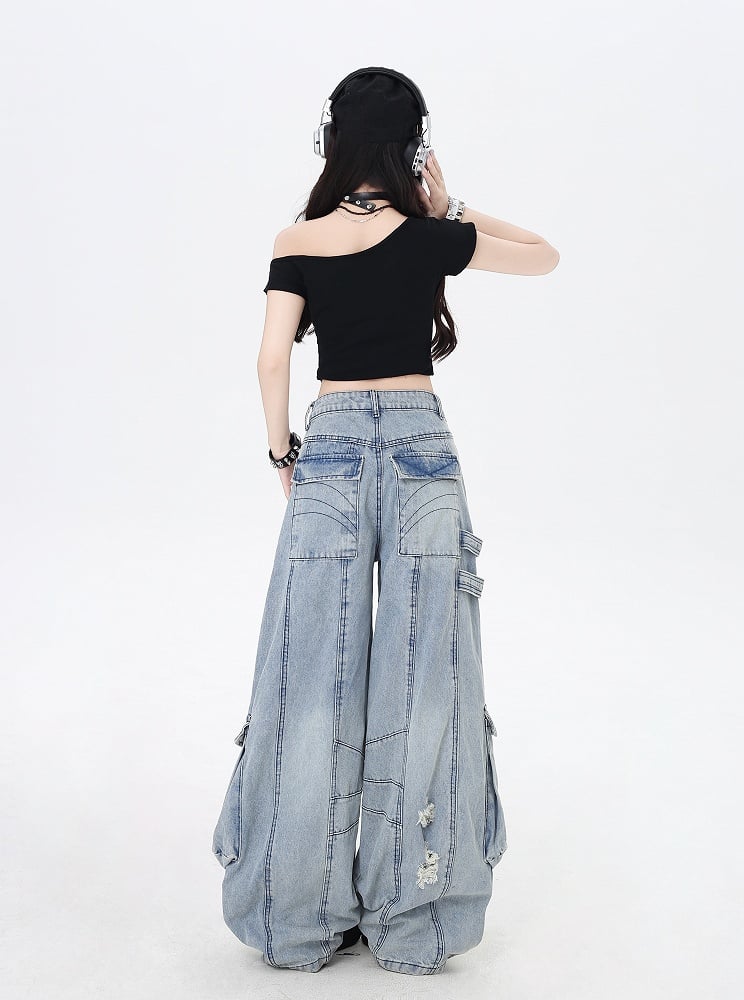 Blue Low Rise Distressed Holes Wide-leg Cargo Jeans
