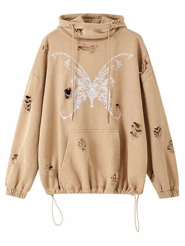 Butterfly Embroidery Camel Distressed Holes Punk Hoodie