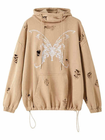 Butterfly Embroidery Camel Distressed Holes Punk Hoodie