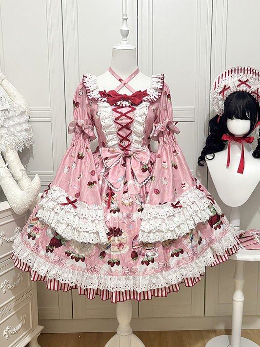 Strawberry Cake Print Pink Sweet Lolita Short Sleeves Dress with Detachable Bell Sleeves