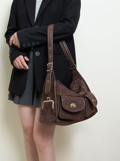 Vintage Brown Single-Shoulder Tote Bag With Gold-tone Hardware - Spacious And Elegant