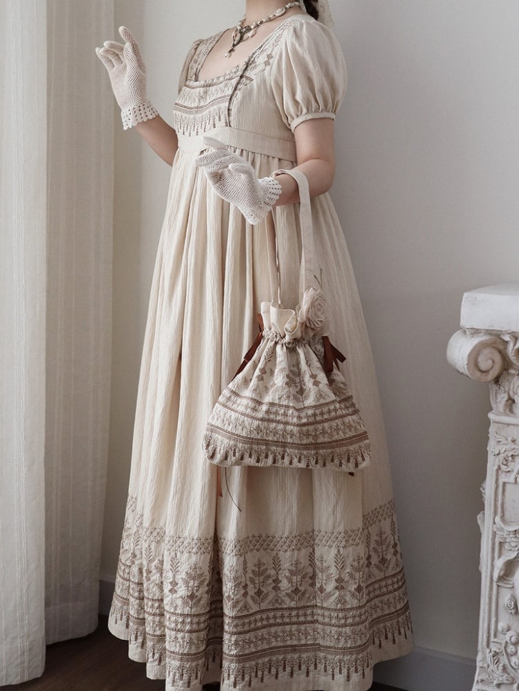 Foldover Design Neckline Brown Vintage Embroidery Empire Waist Elegant Lolita One Piece Long/Short Version