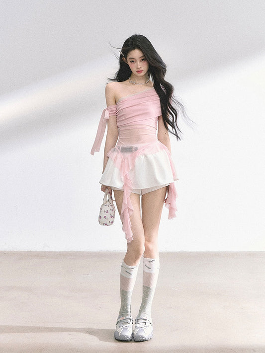 Pink Asymmetrical Neckline Cascading Ruffle Accents Mesh Top