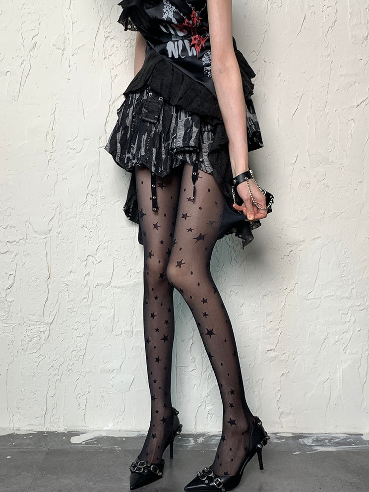 Black Y2K Star Print Tights