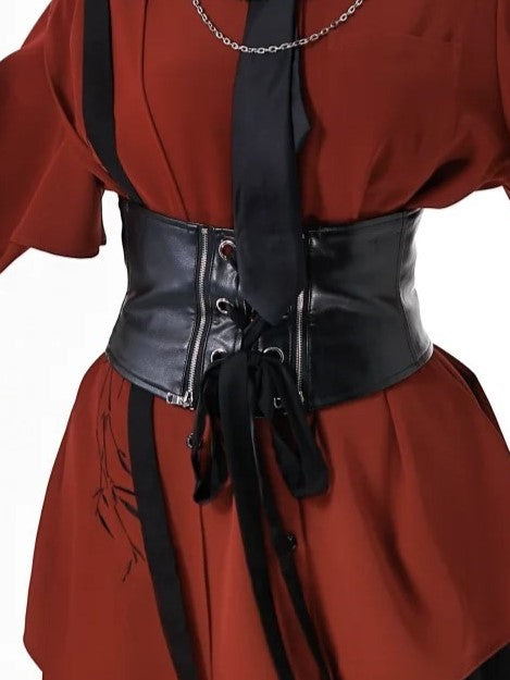 Black PU Corset Belt with Zipper and Crisscross Lace-Up Detail
