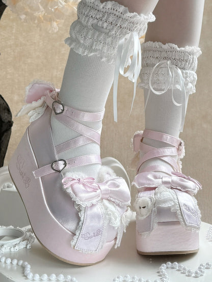 Platform Pink Mary Janes in Satin with Plush Teddy Ears, Bow Decor & Heart Buckles