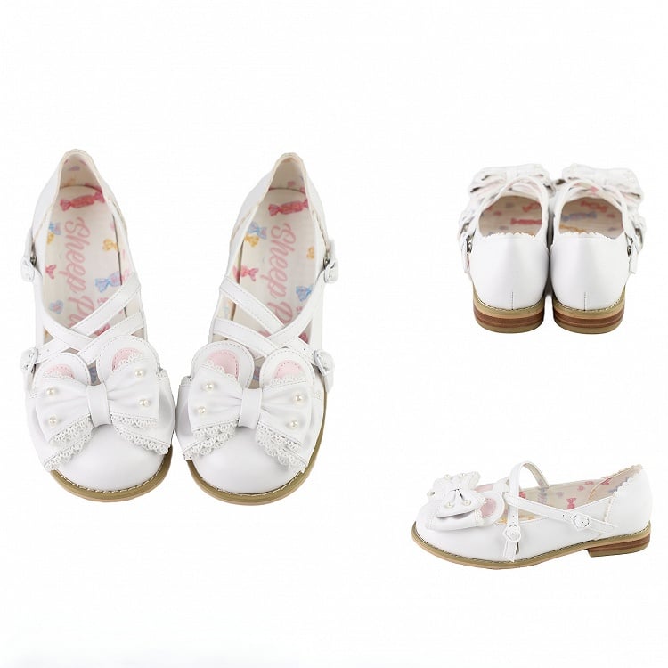 White Beaded Decorated Bow at Top Crisscross Design Bunny Ear Lolita Shoes